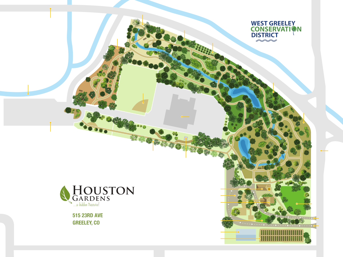 A map of the grounds a Houston Gardens located at 515 23rd Ave, Greeley, Colorado as of 2023